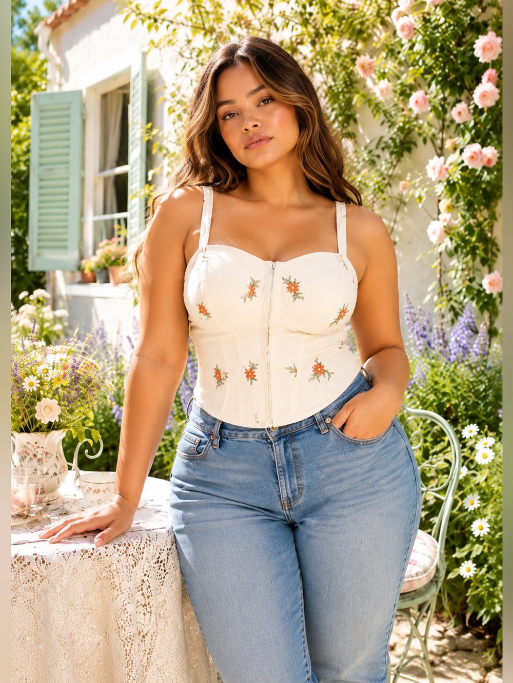 Curve 1X Cream Floral Embroidered Corset Crop Top cottagegore